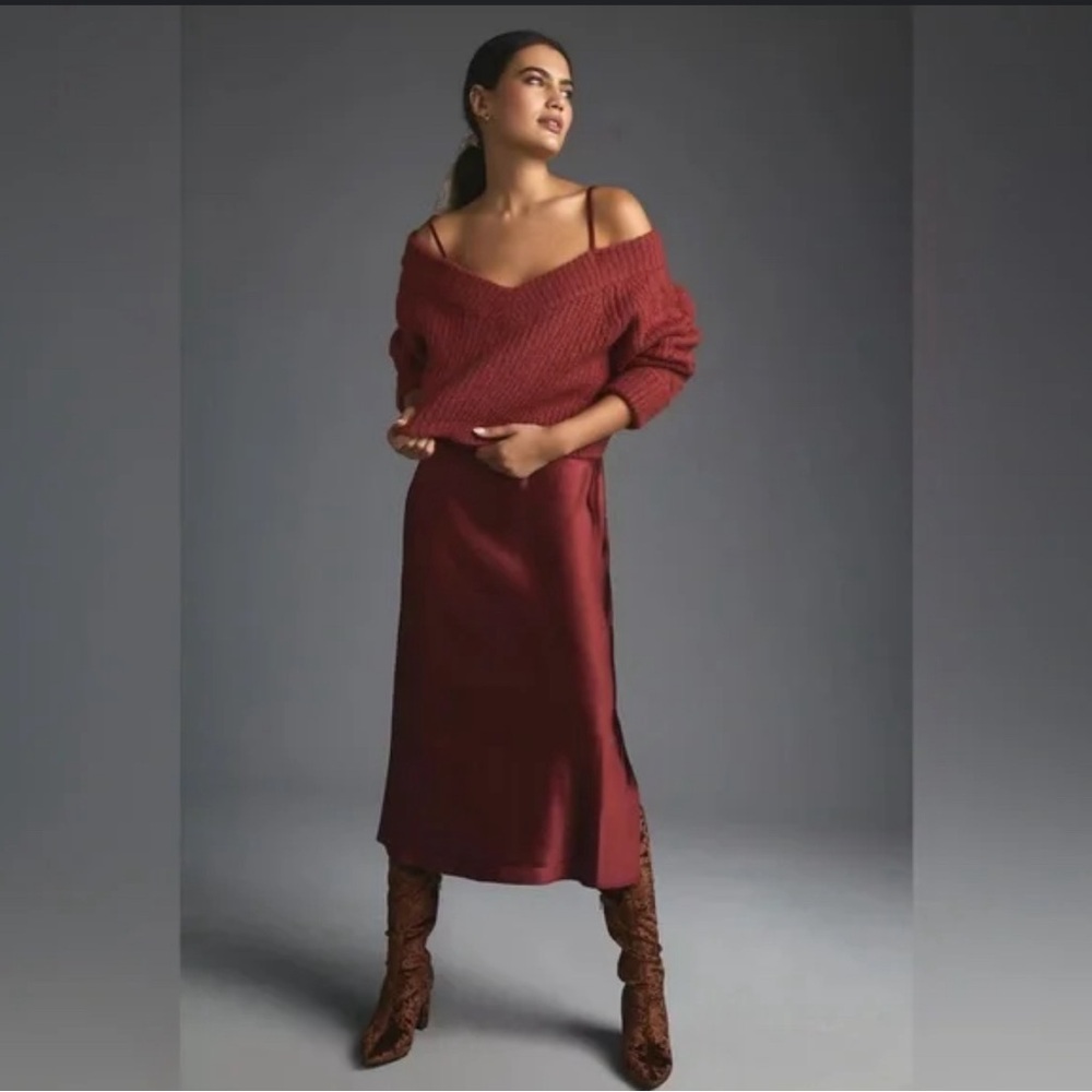 Anthropologie MARE Red Satin and sweater Midi Dress with Slit